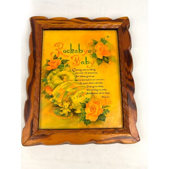 Vintage 1970's Rockabye Baby Wooden Plaque Frame Nursery Art Wall Decor 9"x11" - Picture 3 of 9